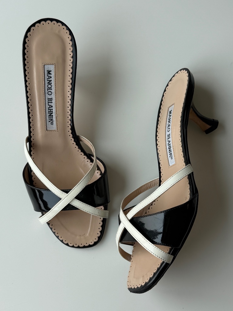 Vintage Manolo Blahnik Black & White Patent Leather Mule Sandals, It 36, ~Us 5.5